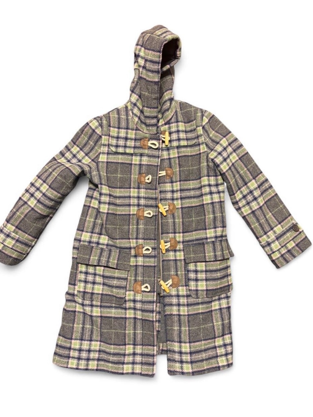 Mini Boden Hooded Plaid Toggle Coat in Gray and Cream